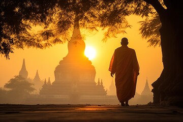Buddhist monk walking at sunset in temple