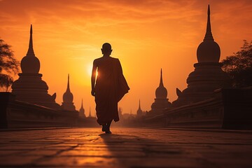 Buddhist monk walking at sunset in temple - obrazy, fototapety, plakaty