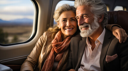 Happy Elderly couple in business jet cabine. Beautiful senior family on vacation or business trip