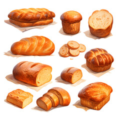 Collage of various bread isolated on white