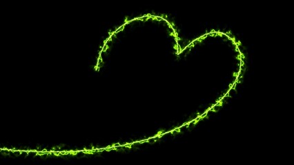 Neon heart shape or laser glowing green lines in fog background. Retro yellow neon heart sign. Romantic design for Happy Valentines Day.