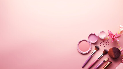 Set of women's beauty accessories. Flat lay composition with decorative cosmetics on pink background with copyspace. Generative AI.