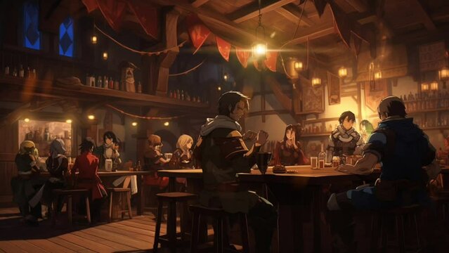 medieval fantasy tavern with adventurous knights. seamless looping animated backgrounds. Generated with AI