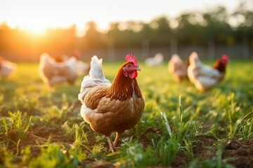 Chicken farming and agriculture on grass field or outdoor - obrazy, fototapety, plakaty