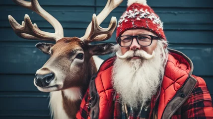 Poster Modern hipster Santa Claus with glasses with fluffy deer  on blue wall © tashechka