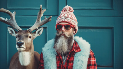 Modern young hipster Santa Claus with red sunglasses with fluffy deer 