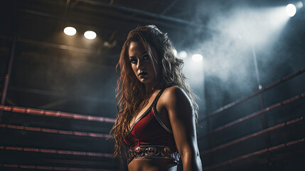 Portrait of a muscular woman. Professional wrestler in the ring