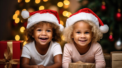Fototapeta na wymiar Happy kids in Santa hats with presents in kindergarten