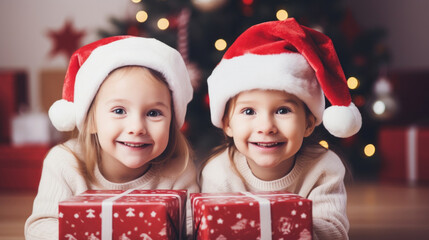 Happy kids in Santa hats with presents in kindergarten