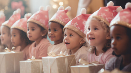 Happy kids in Santa hats with presents in kindergarten - obrazy, fototapety, plakaty