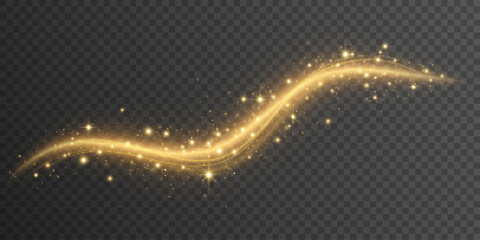Magical golden glowing trail with dynamic magical dust and stars isolated on a dark transparent background. Sparkling wavy light effect. Christmas lights. Vector illustration. - obrazy, fototapety, plakaty