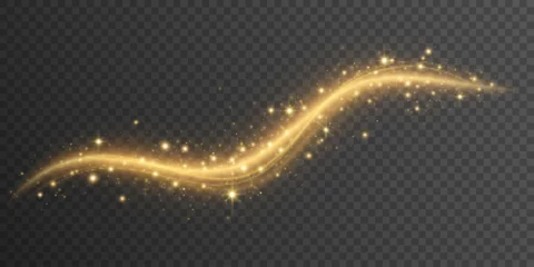 Poster Magical golden glowing trail with dynamic magical dust and stars isolated on a dark transparent background. Sparkling wavy light effect. Christmas lights. Vector illustration. © sersupervector