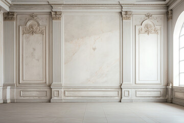 Empty room with bright marble walls. Room with classic European style. Empty wall mockup. Minimalist home interior design. Generative AI - obrazy, fototapety, plakaty