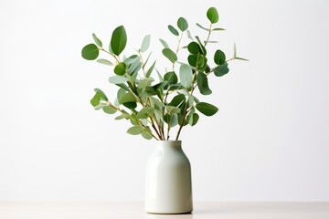 Leaves of green eucalyptus in vase on white table viewed from the front - obrazy, fototapety, plakaty