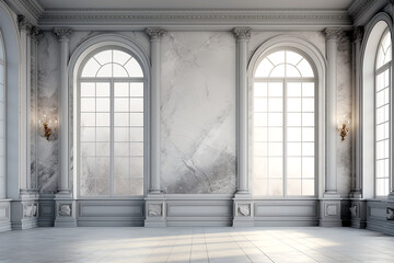 Empty room with bright marble walls. Room with classic European style. Empty wall mockup. Minimalist home interior design. Generative AI