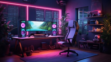 vibrant gaming setup with rgb lights in modern entertainment room – futuristic technology and entertainment concept