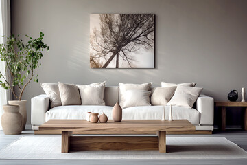 Interior mockup of modern living room. Stylish and cozy home interior with gray sofa, wooden table, paintings on the walls, ornamental plant. Minimalist home interior design. Generative AI
