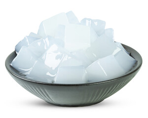 Nata de coco or coconut gel in a black bowl isolated on white background