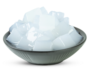 Nata de coco or coconut gel in a black bowl isolated on white background