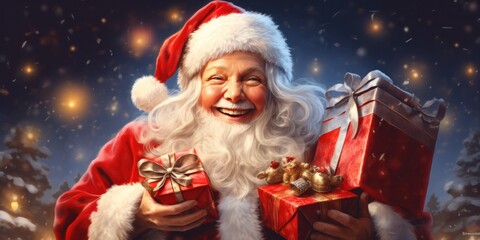Fototapeta na wymiar old man dressed as Santa Claus is smiling among gifts on Christmas day, generative AI
