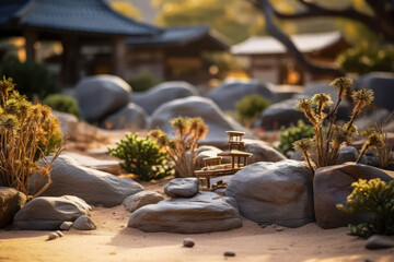 Japanese zen garden with stone and cactus and green trees background.