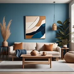cozy living room with a beige sofa and a wooden coffee table set against a blue wall