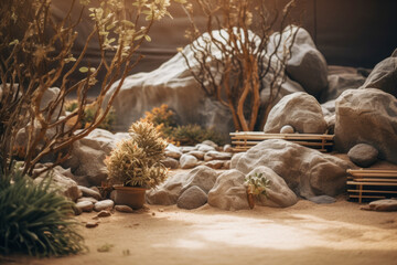 Japanese zen garden with stone and cactus and green trees background.