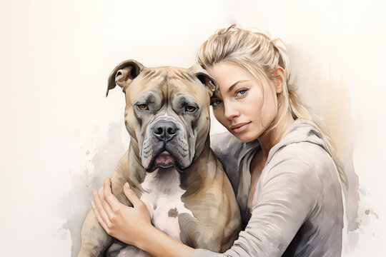 Painting of a woman hugging a dog on a white background. Mammals. Pet. Animals.