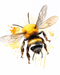 Watercolor bumble bee on white background. Watercolor Flying honey bee illustration.