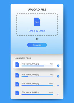 Upload file drag and drop dashboard ui template design. file uploader app ui interface pop up. vector