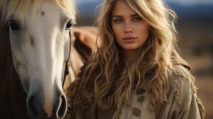 Image of caucasian cheerful positive young blonde beautiful woman with horse in countryside outdoors
