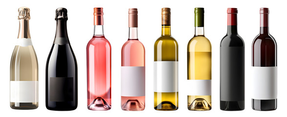 Collection set of red white rosé rose champagne wine bottle with blank label on transparent background cutout, PNG file. Mockup template for artwork graphic design