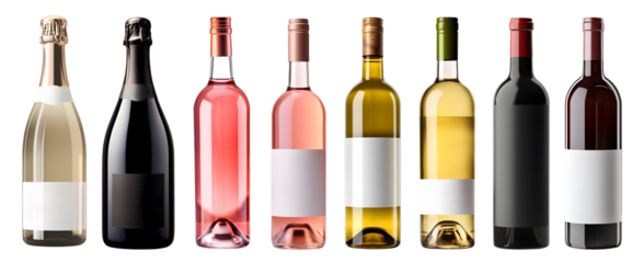 Collection set of red white rosé rose champagne wine bottle with blank label on transparent background cutout, PNG file. Mockup template for artwork graphic design