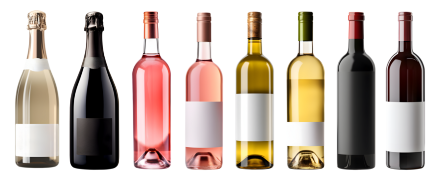 Collection set of red white rosé rose champagne wine bottle with blank label on transparent background cutout, PNG file. Mockup template for artwork graphic design