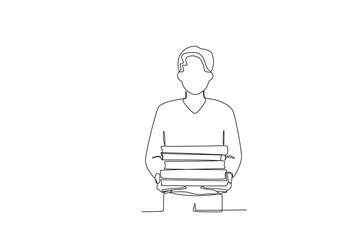 Single one line drawing a Man carrying book in library. online education concept. Single line draw design vector graphic illustration
