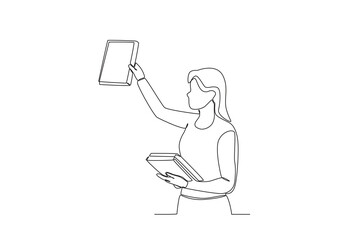 Single one line drawing a Woman arranging books in library. online education concept. Single line draw design vector graphic illustration
