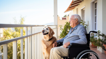 Senior man with old dog sitting on wheelchair on terrace - obrazy, fototapety, plakaty