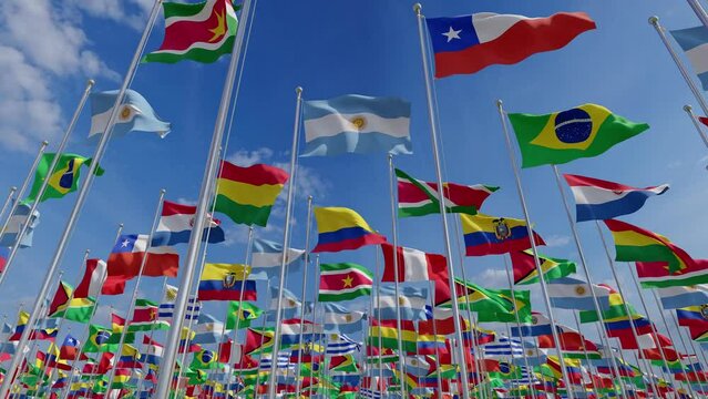 Set of flags of South American countries. Latin American countries. National flags waving on a clear day. 3d rendering animation.