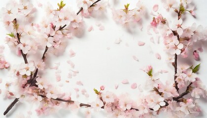 Spring frame designed with cherry blossoms and petals - obrazy, fototapety, plakaty