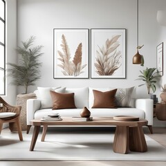 cozy living room with a white sofa and a brown coffee table set against a white wall, modern living room with furniture