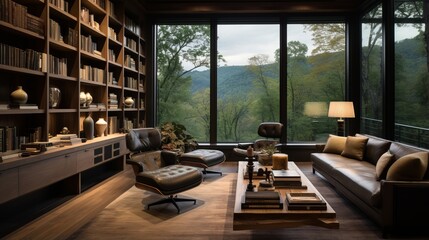 serene workspace haven: stylish home office or library with custom built-in bookshelves, comfortable seating, and inspiring views