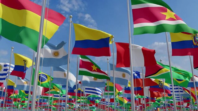 Set of flags of South American countries. Latin American countries. National flags waving on a clear day. 3d rendering animation.