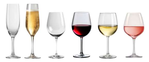Collection set of red white rosé rose champagne wine glass goblet on transparent background cutout, PNG file. Mockup template for artwork graphic design