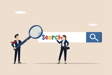 Search, research, SEO, search engine optimization, search for information, explore website concept, businessman with magnifying glass finds new website from search bar.