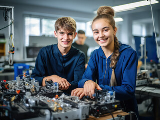 male and female robotic students, smile sweetly while assembling their work in a hands-on laboratory