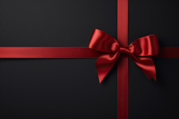 top view red gift ribbon on a black background - obrazy, fototapety, plakaty