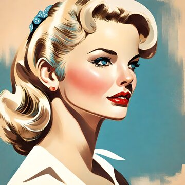 VINTAGE Illustration of a beautiful woman from the 1950s, long blond hair, blue eyes, rockabilly dress, summer, midcentury modern style.