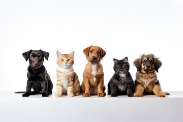 group of pets dogs and cats looking at camera isolated on white background