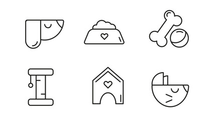Line icons of pets, toys and veterinary equipment