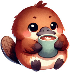 Naklejka premium An adorable watercolor platypus holding a cocoa mug clipart - perfectly isolated, with soft natural watercolor texture. Cozy winter mood.